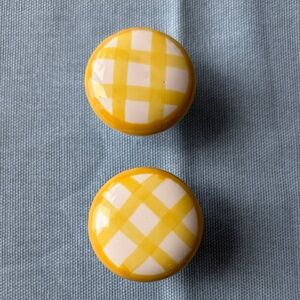 Yellow Checked Ceramic Cabinet Knobs - Set of 2 NEW